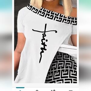 White and Black Faith Logo Women's Off Shoulder Slit Tshirt Size XL